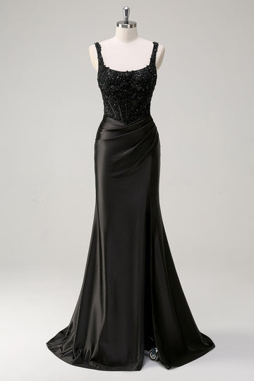 Sheath Ruched Corset Sequins Long Black Prom Dress with Slit